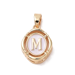 Letter M 304 aus Stahl-Email-Anhänger, Oval mit Buchstaben, golden, weiß, letter.m, 15.5x11.5x4 mm, Bohrung: 4.5x2.5 mm