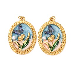 Темно-Голубой 304 нержавеющей стальной эмали подвески, овальный с бабочкой и цветком, с пластиковым искусственным жемчугом и пластиковым кольцом для прыжков, ионное покрытие (ip), реальный 18 k позолоченный, глубокое синее небо, 30x21x4 мм, отверстие : 2.5 мм