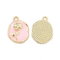 Pink Pendentifs en émail , or, ovale avec breloque rose, rose, 17.5x13.5x2mm, Trou: 1.6mm