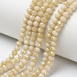 пшеница Гальванические непрозрачные стеклянные бусины, с половиным покрытием цвета радуги, граненые, рондель, цвет пшеницы, 4x3 мм, отверстие : 0.4 мм, около 123~127 шт / нитка, 16.5~16.9 дюйм (42~43 см)