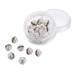 Разноцветный Латунные бусины со стразами , класс А, серебряный цвет гальваническим, круглые, красочный, 8 мм, отверстия: 1 мм, 20 шт / коробка