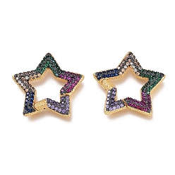 Colorful Brass Micro Pave Cubic Zirconia Spring Gate Rings, Star, Golden, Colorful, 23.5x23.5x2.5mm, Inner diameter:11.5x11.5mm