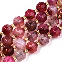 Hot Pink Natural Agate Beads Strands, Faceted, with Seed Beads, Dyed, Round, Hot Pink, 8x7.5mm, Hole: 1.2mm, Beads: 3.5x2mm, about 34pcs/strand, 15.35 inch(39cm)