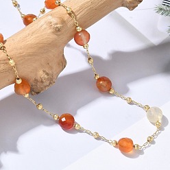 Carnelian Natural Carnelian Faceted Flat Round Beaded Chain Necklaces with Matte Brass Beads, 304 Stainless Steel Jewelry for Women, Golden, Long-Lasting Plated, 25.16 inch(63.9cm)