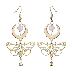 Розовый Кварц Естественно выросли болтаться серьги кварцевые, Золотая латунная бабочка с длинными серьгами-каплями в виде луны, 65x33 мм