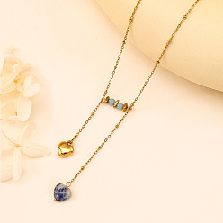 (306FM) Жонкиль матовый с лаймовой подкладкой Подвеска в форме сердца из натуральной яшмы с голубыми пятнами 304 цепочка-спутник из нержавеющей стали для женщин, золотые, 16.54 дюйм (42 см)