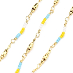 Небесно-голубой Латунные шаровые цепи, со стеклянными бисеринами, без кадмия, без никеля и без свинца, реальный 18 k позолоченный, пайки, с катушкой, голубой, 20x3x2 мм