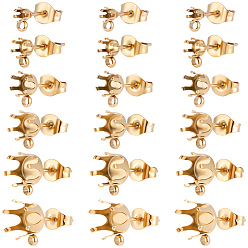 Real 18K Gold Plated 48Pcs 6 Styles Brass Stud Earring Findings, Flat Round, Prong Earring Settings with Loop, Cadmium Free & Nickel Free & Lead Free, Long-Lasting Plated, Real 18K Gold Plated, 14x3x5mm, Hole: 1.4mm, Pin: 0.7x10.5mm