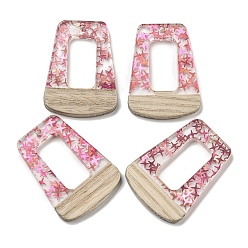 Светло-Вишневый Деревянные подвески, смола и золотая фольга, трапециевидные, светло-вишневый, 37.5x27.5x4 мм, отверстие : 2 мм