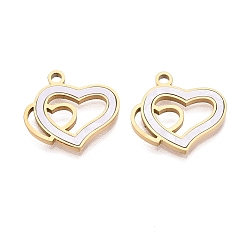 Белый 304 нержавеющей стальной эмали подвески, двойные сердечные прелести, ионное покрытие (ip), долговечный, золотые, белые, 16x17x1.5 мм, отверстие : 1.8 мм