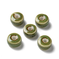 Светло-зеленый Коричневый Фарфоровые бусины ручной работы, плоско-круглые, оливковый, 9.5~10x6 мм, отверстие : 3 мм