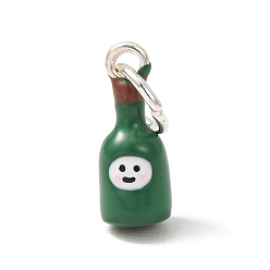 Sea Green Brass Enamel Pendants, Bottle & Smiling Face Charms, Platinum, Sea Green, 16x6mm, Hole: 5mm