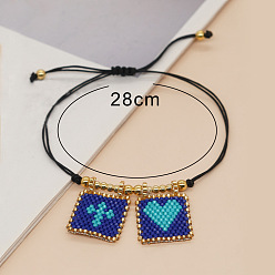 Морской Синий Богемные стеклянные браслеты с подвесками из бисера, плетеные браслеты из синтетического шнура для женщин, прямоугольник с крестом и сердцем, с 304 из нержавеющей стали бусы, Marine Blue, 11.02 дюйм (28 см)