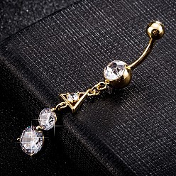Transparent Piercing-Schmuck, Messing Zirkonia Nabel Ring, Bauchringe, mit chirurgischem Edelstahlstab, cadmiumfrei und bleifrei, echt 18 k vergoldet, Transparent, 50x8 mm, Stange: 15 Spurweite(1.5mm), Stangenlänge: 3/8"(10mm)