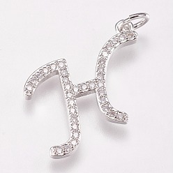 Letter H Brass Micro Pave Cubic Zirconia Letter Pendants, Letter.H, 19x19x2mm, Hole: 3mm