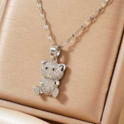 Серебро Ожерелья с подвеской в виде мультяшного медведя из латуни с микропаве из прозрачных кубических цирконий для женщин, серебряные, 15.75 дюйм (40 см)