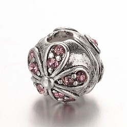 Розовый Цветок античный Посеребренная сплав горный хрусталь европейский клип застежками, светло-розовый, 10.5x9.5 мм, отверстие : 3 мм