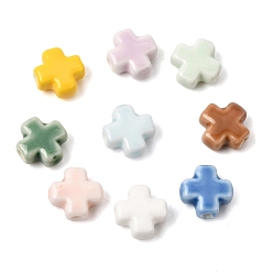 Color mezclado Cuentas de porcelana hechas a mano, cruzar, porcelánico esmaltado brillante, color mezclado, 11x11.5x5.5 mm, agujero: 2 mm