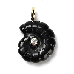 Обсидиан Природные подвески обсидиана, подвески-ракушки с покрытием из золотистой латуни с микропаве из кубических цирконий, 32~32.5x22.5~23x9~10 мм, отверстие : 4 мм