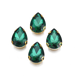 Teal Sew on Rhinestone, Transparent Glass Rhinestones, with Iron Prong Settings, Faceted, Teardrop, Teal, 14x10x5mm, Hole: 0.9mm