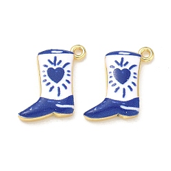Dark Blue Printed Brass Pendants, Cowboy Boot with Heart Charms, Rack Plating, Long-Lasting Plated, Lead Free & Cadmium Free, Real 18K Gold Plated, Dark Blue, 19x15x3.5mm, Hole: 1.7mm