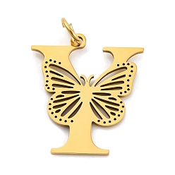 Letter Y Ионное покрытие (ip) 201 подвески из нержавеющей стали, письмо с подвесками-бабочками, золотые, Письмо Y, 27x25x1.5 мм, Кольцо: 7x1 mm, отверстие : 5 мм