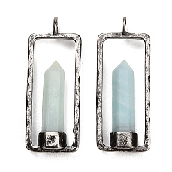Flower Amazonite Natural Flower Amazonite Pendants, Faceted Pointed Bullet Charms with Brass Rectangle Frame, Antique Silver, 42.5x17x6mm, Hole: 3.6mm
