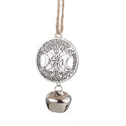 Античное Серебро Железо колокол подвесные украшения, плоский круглый сплав с тройной луной и джутовыми шнурами для украшения двери дома, античное серебро, 190x33.5 мм