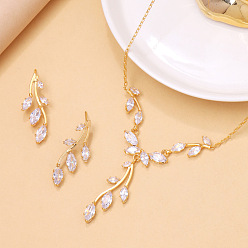 Золотой Ожерелья с подвесками из хрусталя и серег-гвоздиков из латуни с листьями, золотые, 400 мм