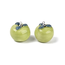 Yellow Green Handmade Porcelain Pendants, Persimmon Charms, with Brass Loops, Platinum, Yellow Green, 19~20x19~20.5mm, Hole: 1.6mm