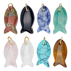 Золотой 8 шт. 8 стили подвески из синтетической бирюзы, натурального кварца, тигрового глаза, зеленого авантюрина, розового кварца, унакита, обсидиана и голубой пятнистой яшмы, подвески-рыбки с 304 петлями из нержавеющей стали, золотые, 28 мм, 1 шт / стиль