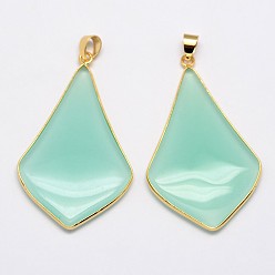 Aquamarine Rhombus Real Gold Plating Brass Glass Pendants, Aquamarine, 50x29x4mm, Hole: 5x3mm