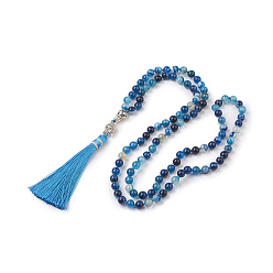 Natural Agate Tassel Pendant Necklaces, with Natural Agate Round Beads and Alloy Beads, Buddha, Burlap Packing, 40.9 inch (104cm), Bag: 14x10cm