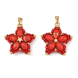 Красный Подвески из стеклянного бисера ручной работы и синтетических окрашенных бусин императорской яшмы, звезда, красные, 27x28.5x8.5 мм, отверстие : 6x2.5 мм