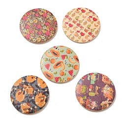 Mixed Color Printed Wood Pendants, Flat Round, Mixed Pattern, Mixed Color, 50x5mm, Hole: 1.6mm