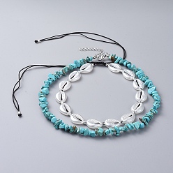 Синтетическая Бирюза Регулируемые наборы колье из бисера, с перламутровыми бусинами из искусственной кожи, Нейлоновая нить, синтетический бирюзовые бусы чип, 304 нержавеющая сталь застежка когтя омара, акриловые ожерелья: 11.22 дюйм ~ 25.19 дюйм (28.5~64 см), ожерелья с драгоценными камнями: 15.94 дюйм ~ 16.14 дюйм (40.5~41 см), 2 шт / комплект
