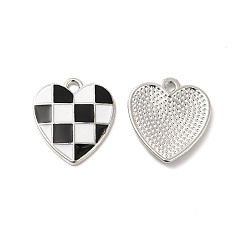 Black Alloy Enamel Pendants, Platinum, Heart with Tartan Pattern, Black, 17.5x16x2mm, Hole: 1.6mm