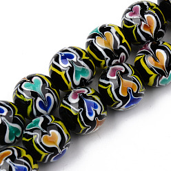Черный Бусы лэмпворк ручной работы, со цветком внутри , круглые, чёрные, 19~20x19 мм, отверстие : 1.5 мм, около 20 шт / нитка, 14.57 дюйм (37 см)