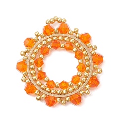 Оранжевый Имитация австрийских хрустальных биконусных подвесок из стекла и стекла с прожилками., цветочный шарм, с 304 соединением из нержавеющей стали, граненые, оранжевые, 34.5x33x4 мм, отверстие : 4x3.5 мм