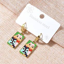 Разноцветный 304 женские серьги-кольца с эмалью из нержавеющей стали, прямоугольные, золотые, красочный, 38x12.5 мм