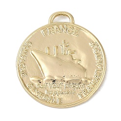 Настоящее золото 18K Латунные подвески, без кадмия, без никеля и без свинца, плоский круглый с подвесками в виде французского корабля, реальный 18 k позолоченный, 28.5x25.5x2.5 мм, отверстие : 2x5 мм