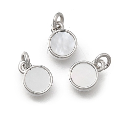 Платина Плоские круглые подвески из латуни и натуральных ракушек, с прыжковых колец, без кадмия и без свинца, стойки покрытие, долговечный, цвет морской раковины, платина, 6x2 мм, отверстие : 3.2 мм
