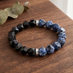 Piedra Mixta Pulseras elásticas redondas facetadas de ónix negro natural (teñido y tratado térmicamente) y sodalita para hombre., color acero inoxidable, 7.48 pulgada (19 cm)