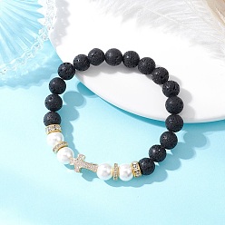 Золотой Браслеты из натуральных жемчужин из лавы и ракушек, круглые бусины, Браслеты из латунных бусин-крестов с микропаве из кубического циркония для женщин, золотые, внутренний диаметр: 2 дюйм (5.2 см)