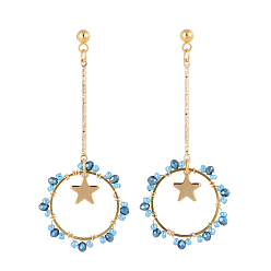 Light Sky Blue Dangle Stud Earrings, with Glass Beads, Seed Beads, Iron Bar Links, 304 Stainless Steel Stud Earring Findings and Charm, Brass Linking Rings and Ear Nuts , Light Sky Blue, 60mm, Pin: 0.8mm