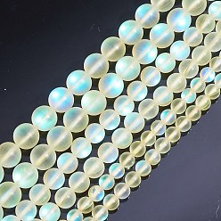 Светло-желтый Синтетические лунные лучи, голографические бусы, с половинным покрытием ab цвета, матовые, круглые, с эластичной нитью кристалл, для изготовления украшений из бисера, светло-желтый, бусины : 6~10 мм, отверстие : 1 мм, 135 шт / коробка