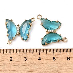 Dark Turquoise Brass Pave Faceted Glass Connector Charms, Golden Tone Butterfly Links, Dark Turquoise, 20x22x5mm, Hole: 1.2mm