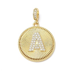 Letter A Латунные микропаве прозрачные подвески с фианитом, плоский круглый с подвесками в виде букв, без свинца и без кадмия, долговечный, стойки покрытие, реальный 18 k позолоченный, буква a, 24.5x21.5x2.5 мм, отверстие : 4.5x3.5 мм