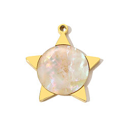 Морская Ракушка Природные подвески оболочки, Подвески в виде звезд с 304 оправой из нержавеющей стали, реальный 18 k позолоченный, ионное покрытие (ip), цвет морской раковины, 22x20 мм