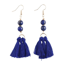 Lapis Lazuli Dangle Earrings, with Cotton Thread Tassels, with Natural Lapis Lazuli Gemstone Beads and Brass Earring Hooks, Golden, Dark Blue, 84mm, Pin: 0.6mm